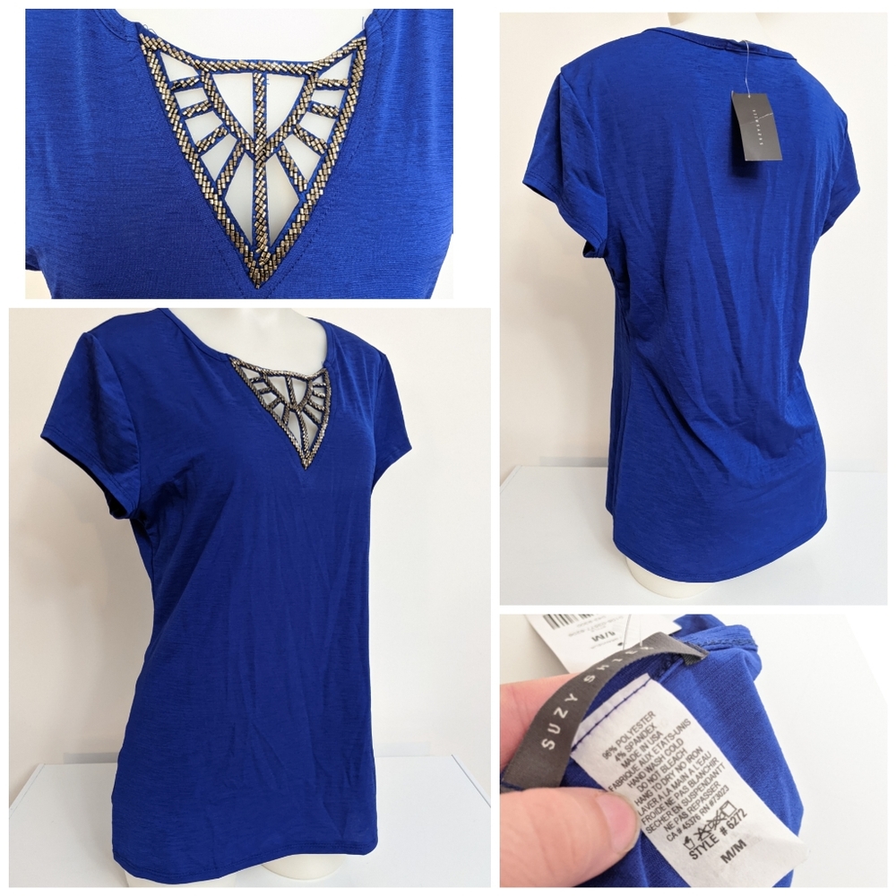 🆕 V Neck Short Sleeve Royal Blue Shirt W/Jewelry